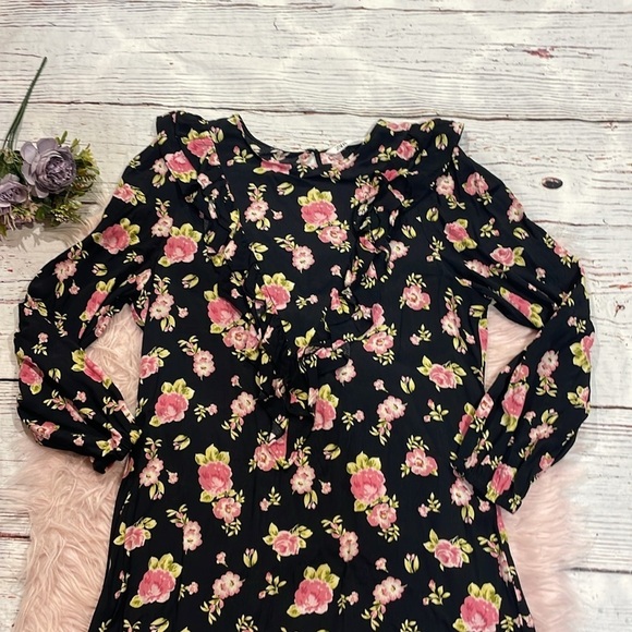 Zara Black Pink Floral Ruffle 3/4 Sleeve Mini Dress - Picture 9 of 9